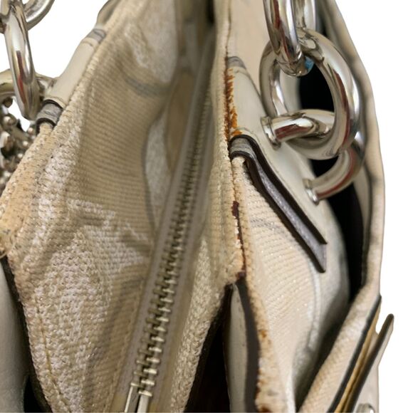 Coach Signature Stripe Tote Bag Beige Gold Canvas Leather Trim Shoulder Purse - Picture 7 of 12